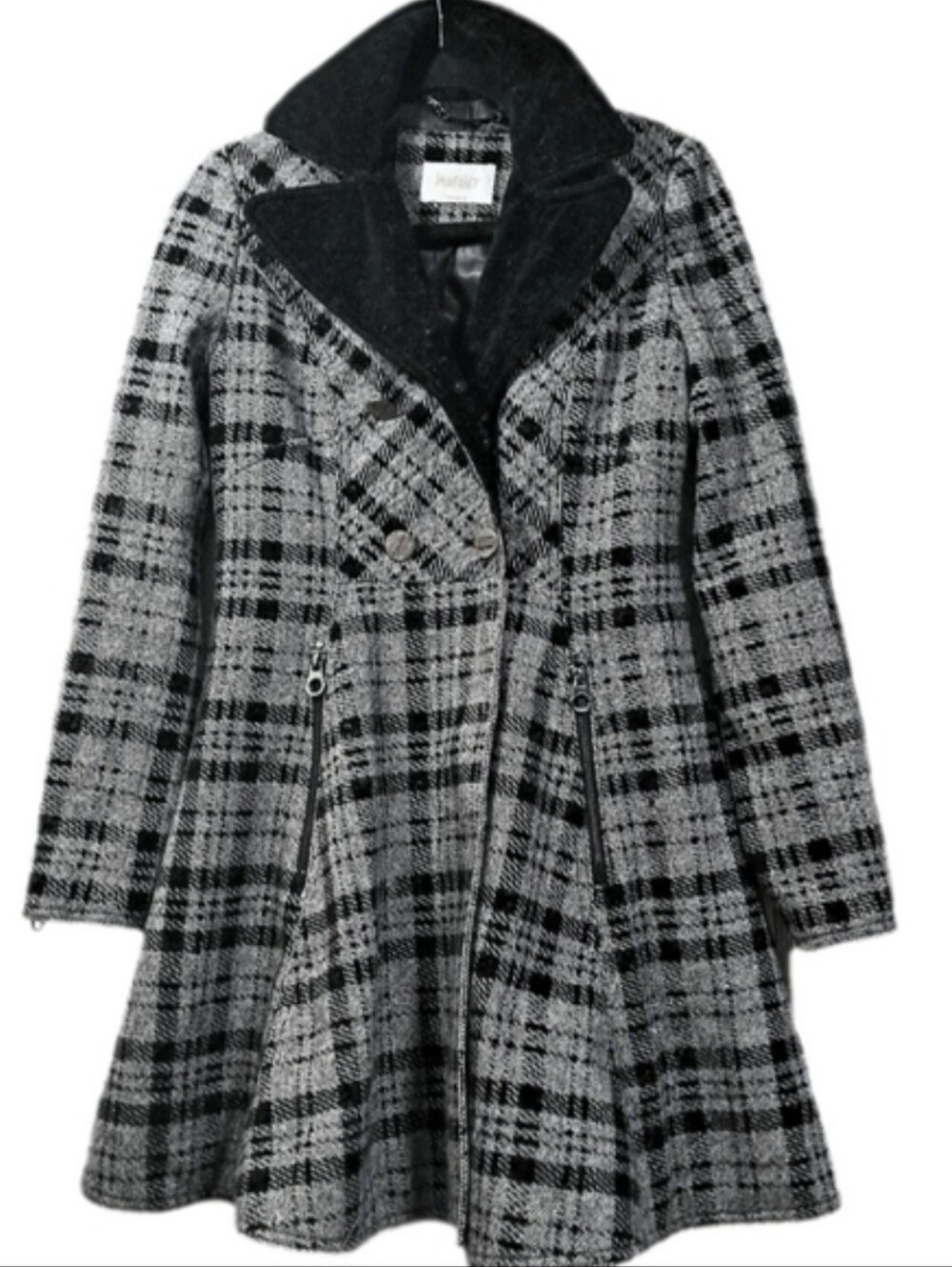 Laundry by Shelli Segal Grey & Black Plaid Fit & Flare Faux Fur Peacoat